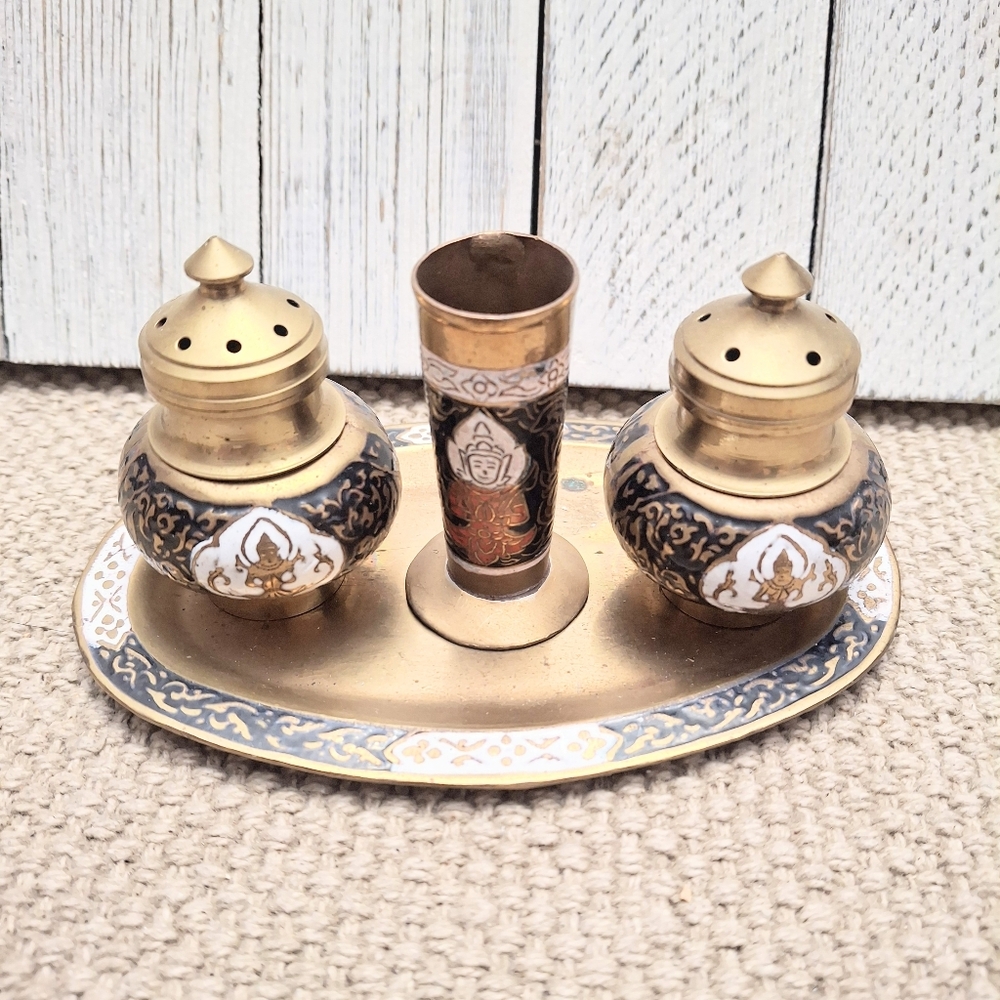 Vintage Cloisonne Enameled Salt and Pepper Shaker Set With Tray Brass Toothpick